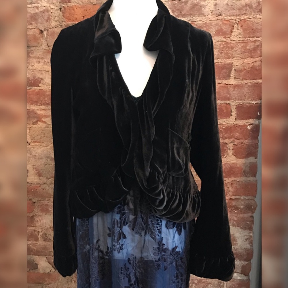 Yansi Fugel black velvet ruffled blazer